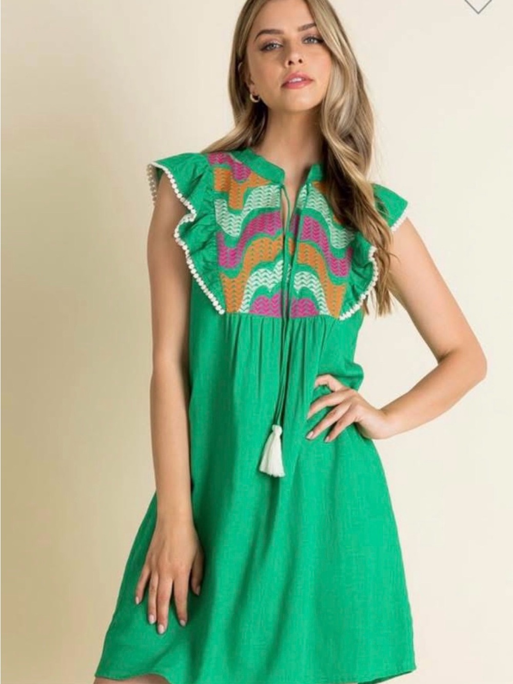 THML Green Embroidered Mini Dress | Multicolor Yoke | Sleeveless